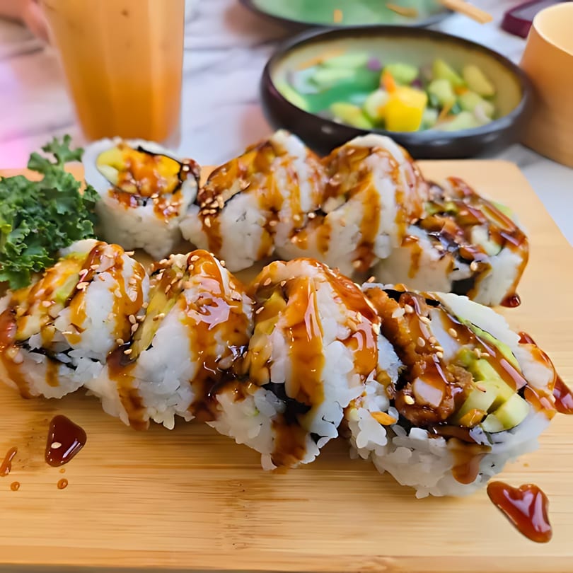 Sushi rolls with avocado, sesame seeds, and a sweet brown sauce on a wooden board.