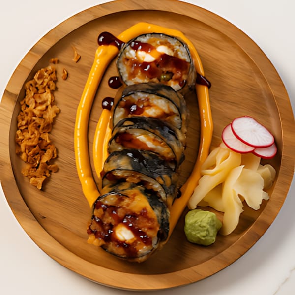 Fried sushi rolls with orange and dark sauces, ginger, wasabi, and fried onions on a wooden plate.