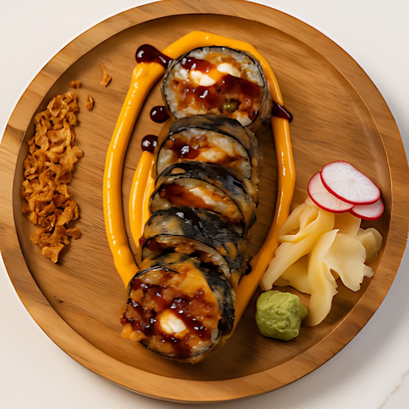 Fried sushi rolls with orange and dark sauces, ginger, wasabi, and fried onions on a wooden plate.