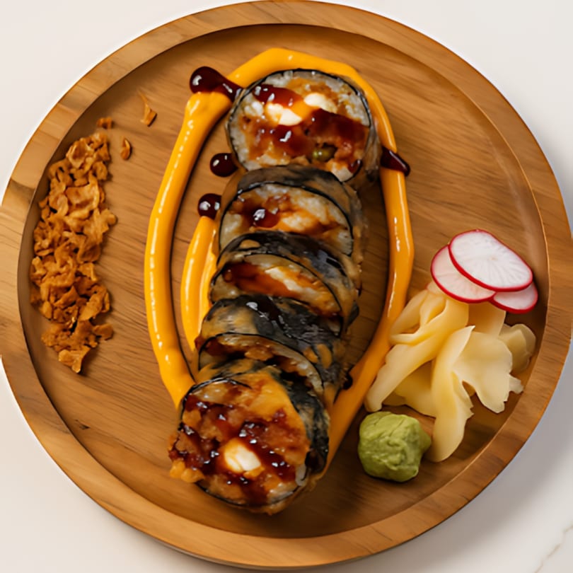 Fried sushi rolls with orange sauce, dark drizzle, ginger, wasabi, and radish on a wooden plate.